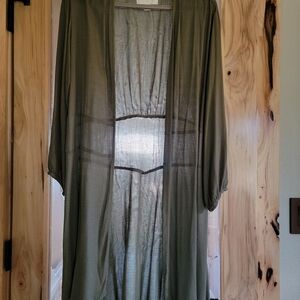 Hinge Olive Green Sheer Kimono Waffle Pattern Long Cardigan